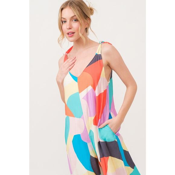 And The Why Tied Shoulder Straps Geo Print Pockets Wide Leg Jumpsuit | Yellow - Picture 11 of 11